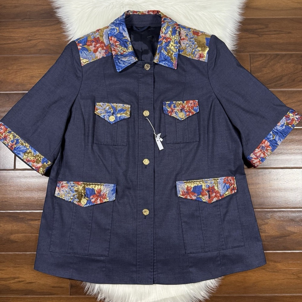 Marina Rinaldi Women's Size 31 / US 22 Blue Denim Metallic‎ Floral Blazer Jacket